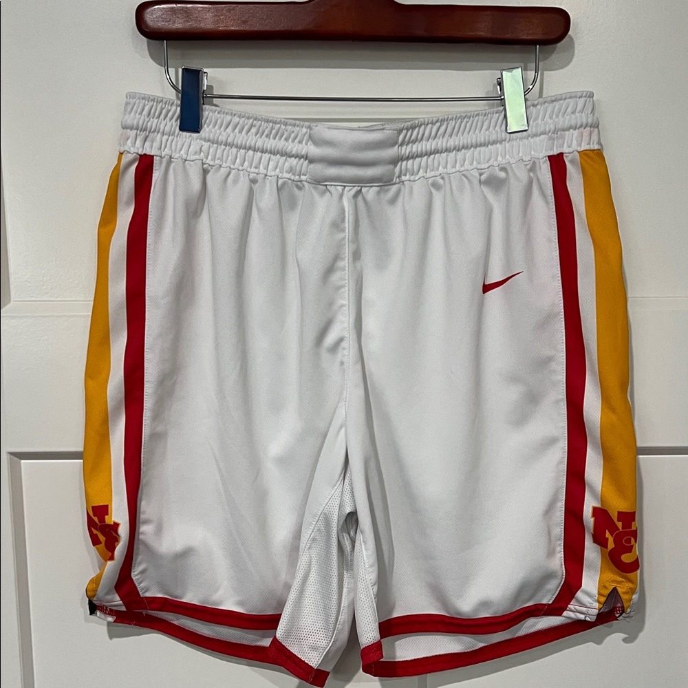 Nike White Athletic Shorts with Red and Yellow Accents Sz L
